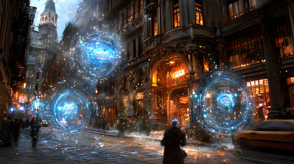 Obraz premium cyberpunk inspired street scene featuring glowing AI holograms, vibrant city lights, and mysterious figure walking through bustling urban environment