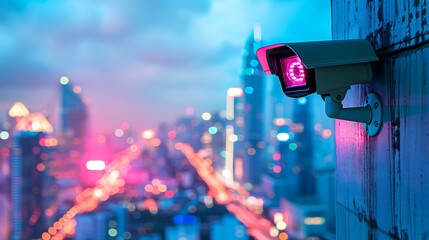 A high resolution shot of a wall mounted surveillance device with an abstract cityscape in soft focus