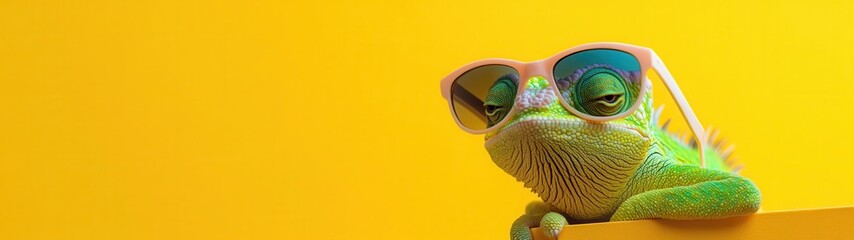 Stylish Chameleon in Sunglasses, Vibrant Solid Color Background, Bold Abstract Design, Eye-Catching and Playful Aesthetic