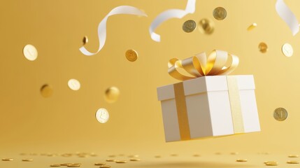Surprise Unveiled, 3D Gift Box with Floating Coins and Ribbons, Celebrating Prizes and Loyalty, Abundant Copy Space