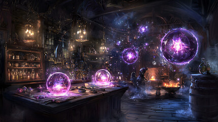 Obraz premium mystical scene of AI automaton crafting glowing orbs in dark alchemy lab filled with potions and magical artifacts. atmosphere is enchanting and mysterious