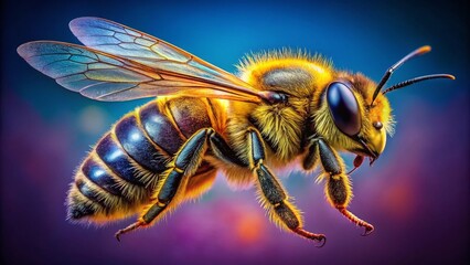 Aerial View of a Honey Bee on Isolated Background, Capturing the Intricate Details of Nature's Pollinator with a Focus on Its Wings and Body Structure for Educational and Creative Use