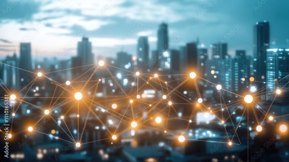Poster abstract virtual network connections over a city skyline representing big data and database concepts