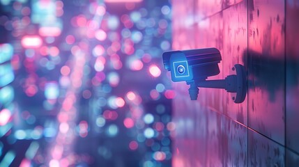 A high resolution shot of a wall mounted surveillance device with an abstract cityscape in soft focus