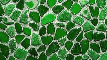 Textured green glass mosaic for vibrant backdrop and interior design featuring various shades of green in natural light.