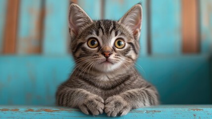 Cute striped kitten with vibrant yellow eyes resting on a bright blue surface in a cheerful indoor setting