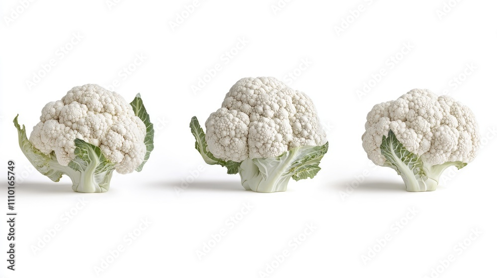 Poster fresh cauliflower heads displayed on a clean white background showcasing their unique textures and v
