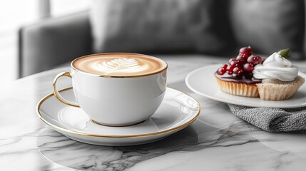 Melange coffee is beautifully crafted, served in an elegant cup alongside a delectable dessert. The juxtaposition of colors invites enjoyment in a cozy atmosphere.