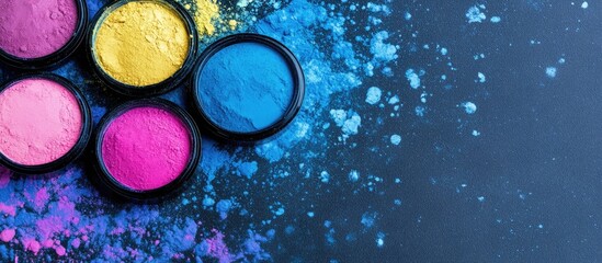 Birds eye view of colorful powder dyes and traditional cuisine on dark surface ready for festive text and celebration announcements