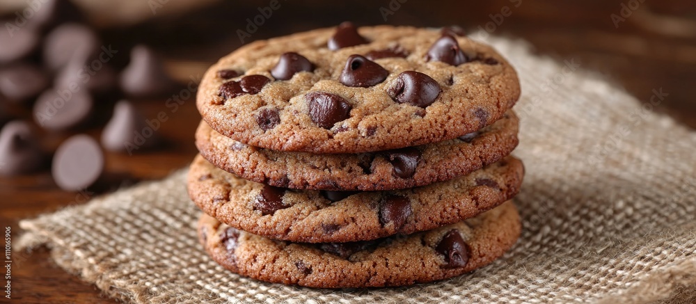 Poster delicious chocolate chip cookies stacked on a rustic burlap cloth with scattered chocolate chips in 