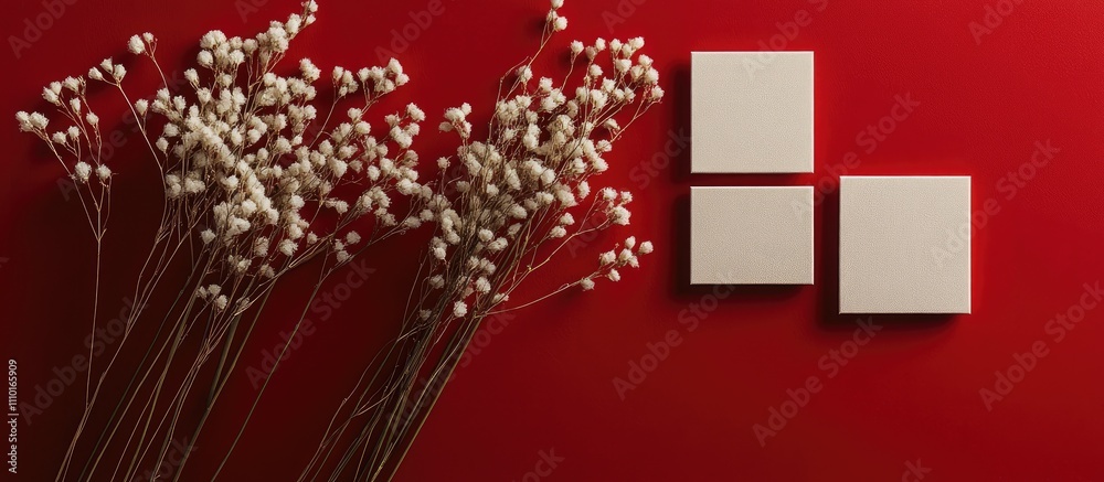 Poster minimalist composition of blank square papers on red background with decorative flowers for creative