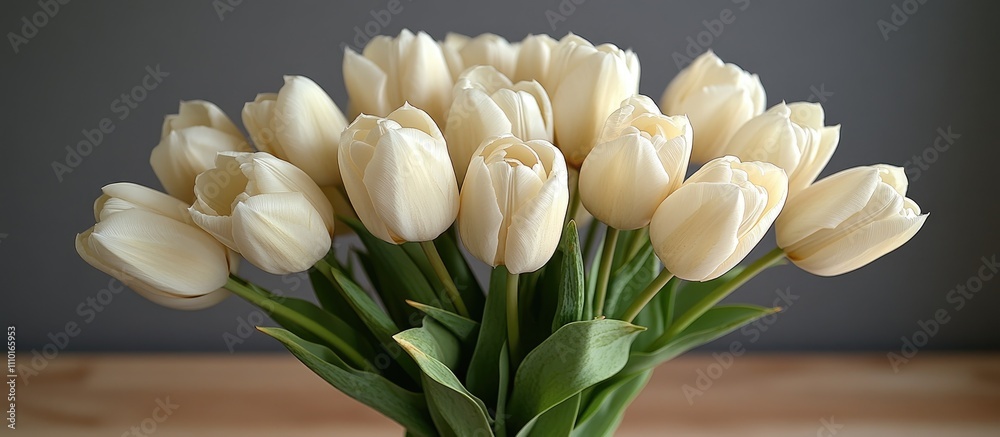 Poster fresh white tulip bouquet elegantly arranged on a wooden table against a soft gray background for fl