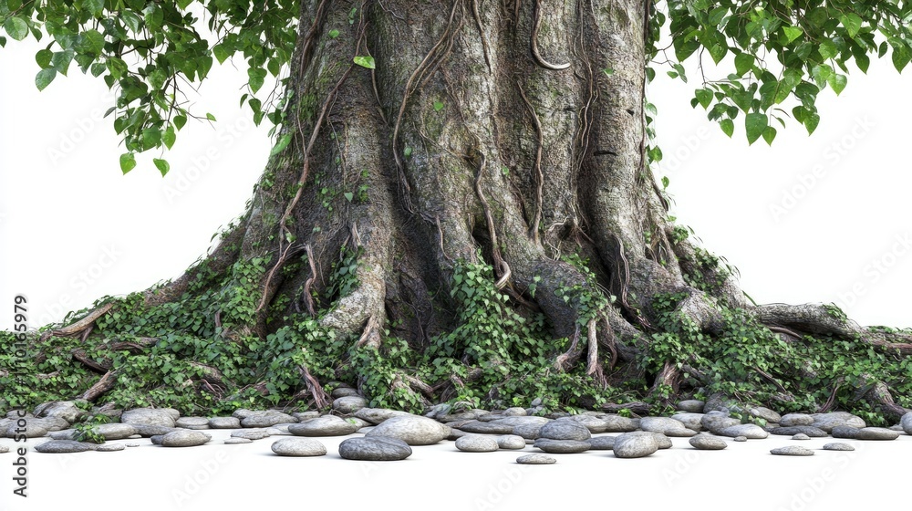 Aufkleber Tree trunk with twisted vines and decorative stones growing at the roots isolated on a white background showcasing natural beauty and texture