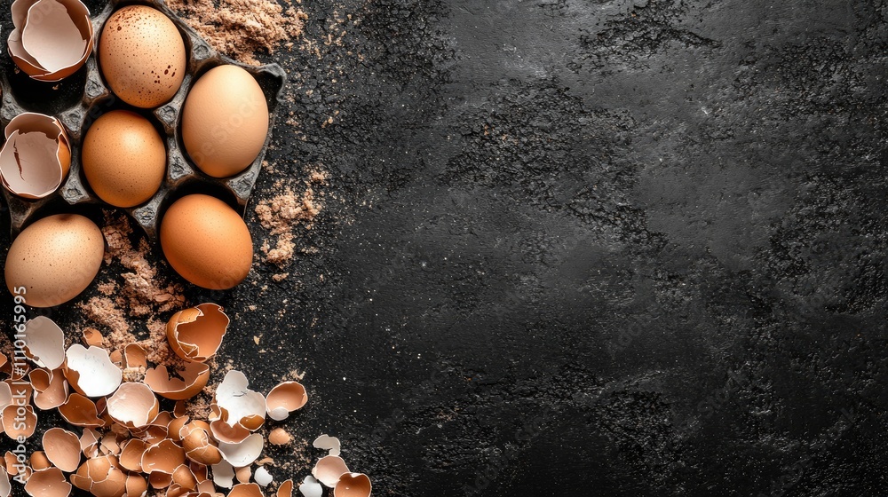 Aufkleber broken eggshells and fresh eggs on dark rustic surface healthy eating concept for food preparation o