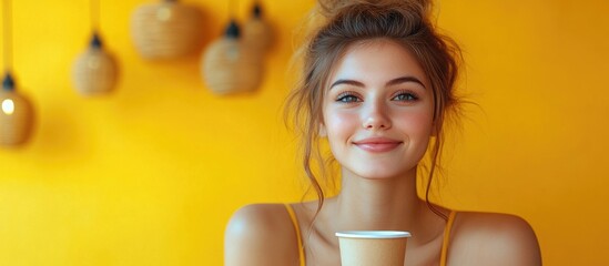 Young woman smiling while holding a takeaway coffee cup against a vibrant yellow background in a cozy cafe setting.