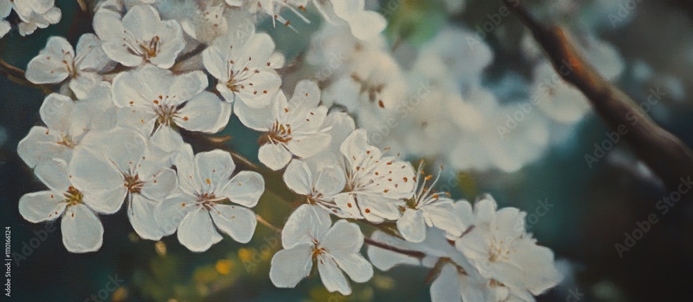 Poster Cedar tree blossoms in pristine white showcasing delicate petals and lush greenery in a serene natural setting