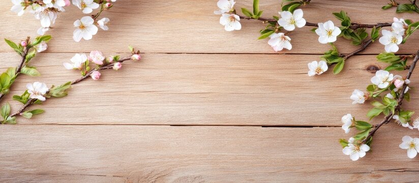 Fototapeta Spring flowering branches with white and pink blossoms on textured wood table top view rustic arrangement and copy space for design