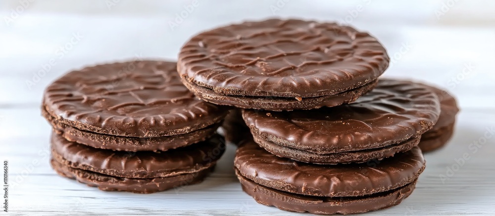 Poster chocolate wafers stacked on a white wooden surface showcasing their rich texture and indulgent appea