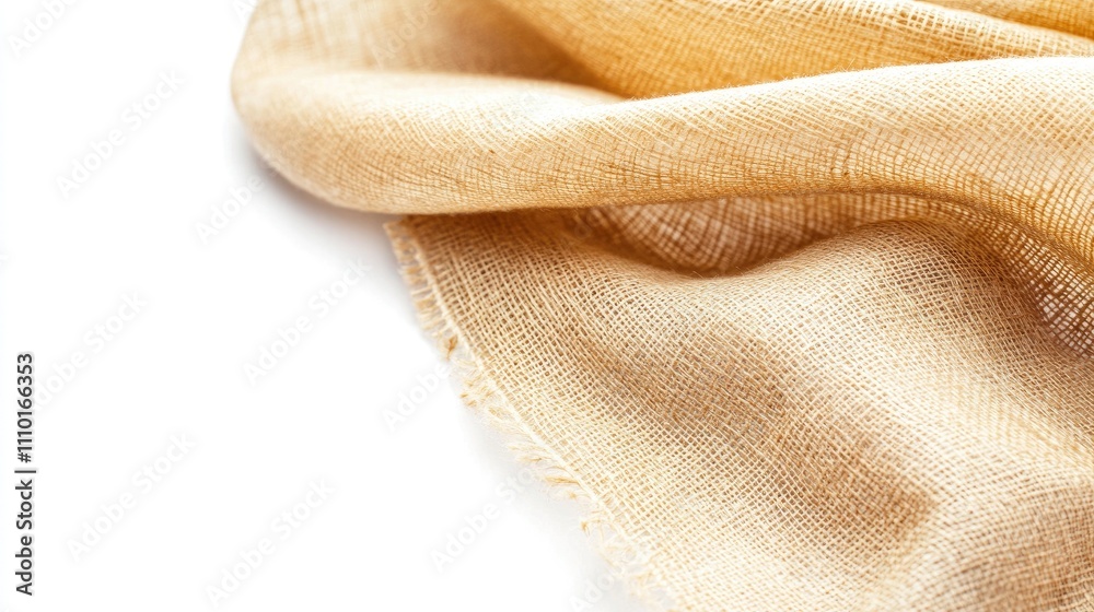 Poster close up of soft beige burlap fabric draped elegantly against a clean white background showcasing te