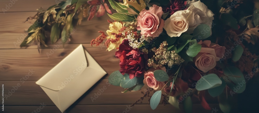Poster aerial view of a vibrant flower bouquet and an elegant letter on a rustic wooden table setting for r
