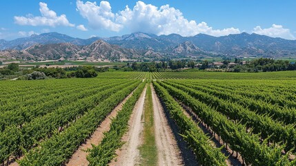 Aerial view of lush vineyards with mountains in the background depicting a scenic wine region under clear blue skies