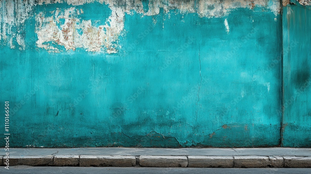 Poster textured turquoise concrete wall with fine pores and weathered paint above a stone pavement backgrou