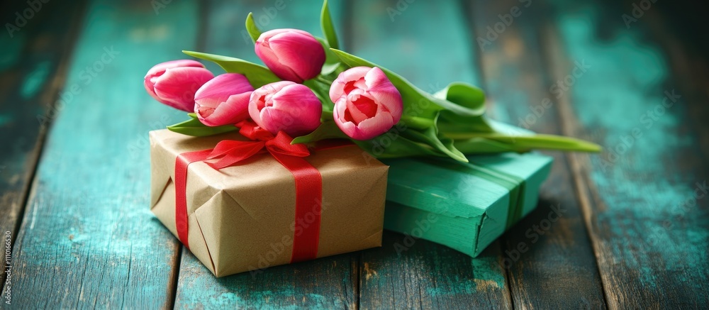 Poster tulip bouquet and gift boxes on rustic turquoise wooden backdrop ideal for spring holiday greeting c