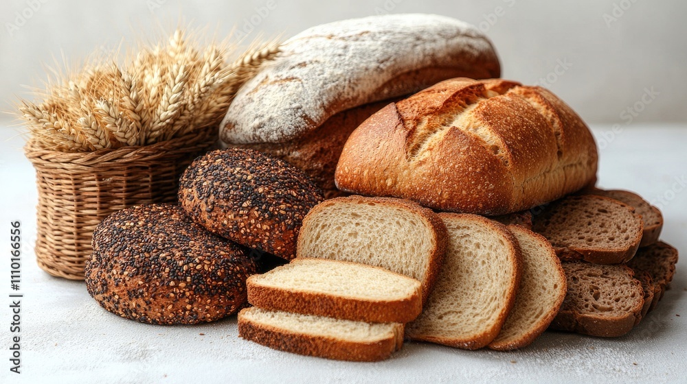 Poster assorted sliced breads including bran, wheat, and brown varieties with wheat spikes in a light backd