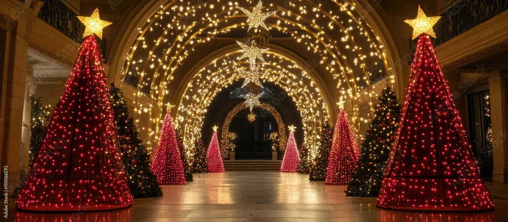 Aufkleber festive christmas and new year light decorations with illuminated trees in a grand indoor setting