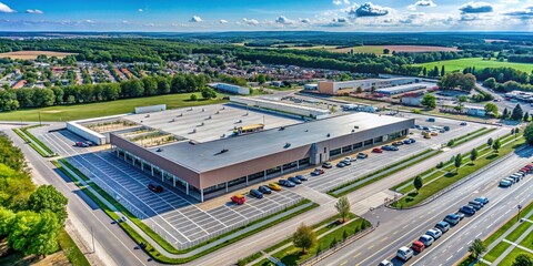 Aerial View of a Modern Supermarket Facade and Parking Area showcasing Lidl Expansion in Brwinow, Poland, with High Depth of Field, highlighting the new construction and surrounding environment
