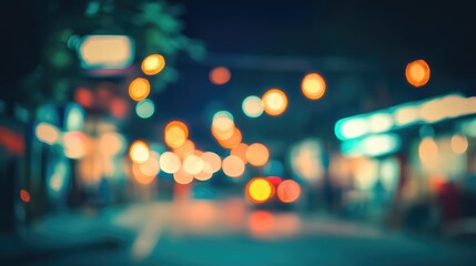 Blurred urban scene at night showcasing defocused lights and colors creating an abstract background with a vintage filter effect