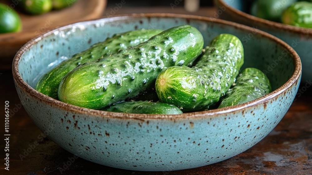 Aufkleber Bowl of fresh cucumbers resting on a rustic surface with selective focus showcasing their vibrant green color and texture