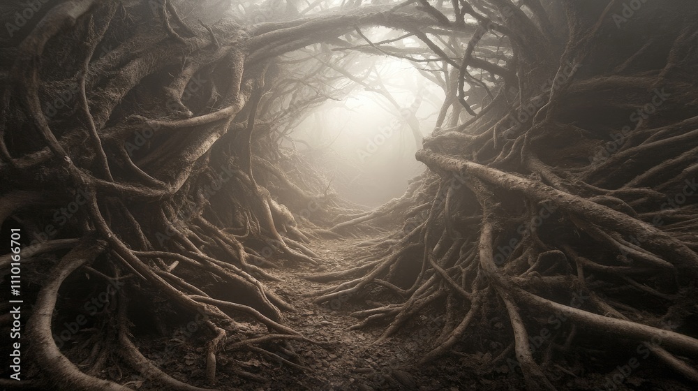 Aufkleber Mysterious forest pathway framed by intertwining branches and roots in a foggy atmosphere