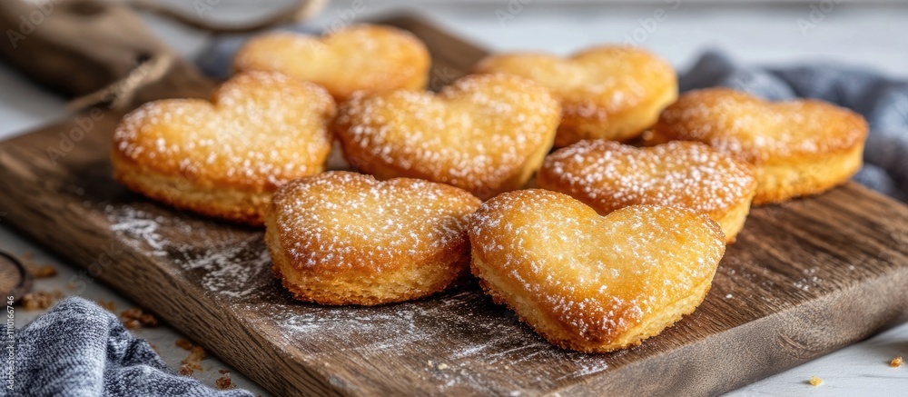 Aufkleber Heart-shaped biscuits dusted with powdered sugar on a rustic wooden cutting board in a cozy kitchen setting