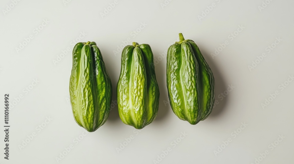 Poster chayote vegetables arranged on a plain white background showcasing their unique texture and vibrant 