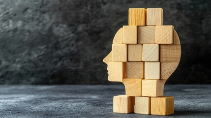 Business ethics concept with wooden cubes symbolizing integrity and moral values inside a human head reflecting sustainable corporate culture.