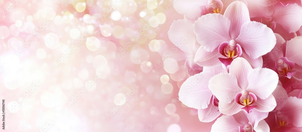 Poster Elegant pink and white orchids blended with a soft bokeh background creating a serene and beautiful floral backdrop for design projects.