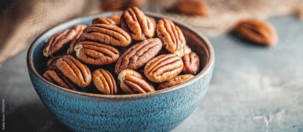 Poster bowl of fresh pecans in a rustic setting with natural textures and warm tones perfect for culinary a