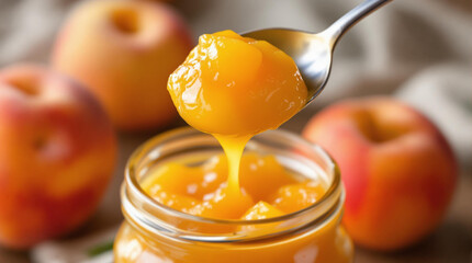 Peach Compote. A spoon dripping with golden peach compote, held above a jar filled with the glossy mixture, with blurred peaches in the background.