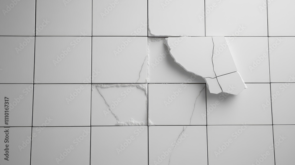 Poster broken white marble tile wall with cracks and damages showcasing a sleek monochrome design in a mini