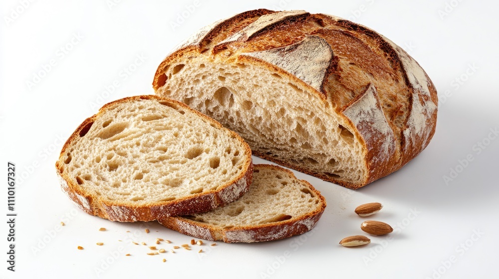 Poster sliced artisan wheat bread showcasing texture and freshness on a clean white background with scatter