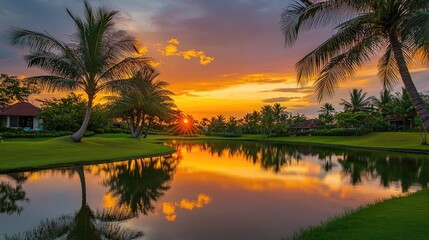 Stunning sunset over rice paddies with vibrant yellow, pink, and red hues reflected in tranquil waters and palm trees framing the scene