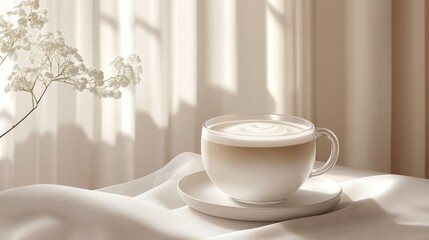 Obraz premium Melange coffee is beautifully presented in a glass cup, softly illuminated by natural light, enhancing its creamy texture and inviting warm tones in a serene setting.