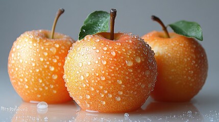 Fresh Chinese pears with water droplets on a surface showcasing their vibrant orange color and natural texture in a minimalistic setting.