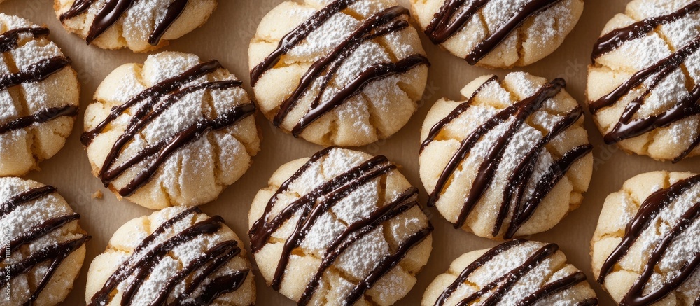 Aufkleber Birds eye view of decorated shortbread cookies with powdered sugar and chocolate drizzle on a baking tray in a cozy kitchen setting