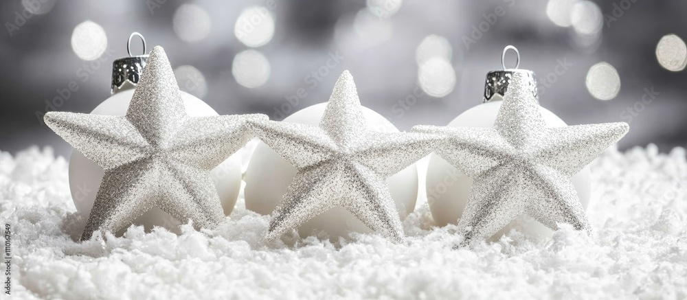 Aufkleber sparkling silver star ornaments on a snowy surface with blurred festive background creating a magica
