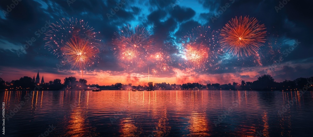 Poster Colorful fireworks display reflecting in tranquil pond during twilight sky with dramatic clouds and silhouette of trees in the background.