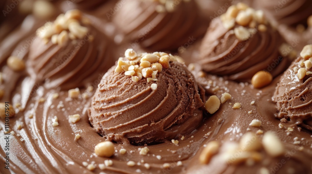 Poster Chocolate ice cream scoops with crunchy peanut toppings showcasing a rich and creamy dessert on a textured chocolate backdrop