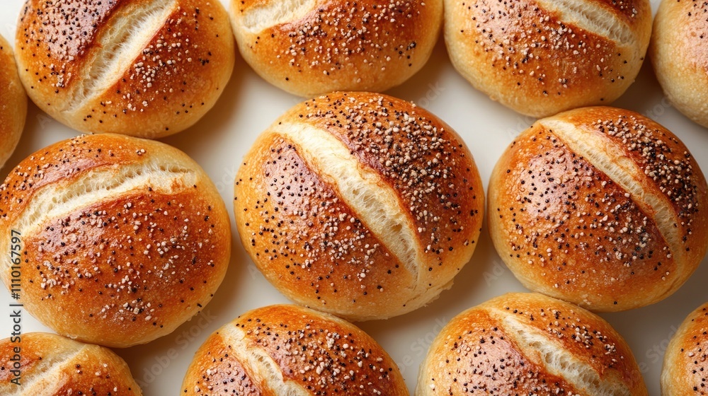 Poster freshly baked bread rolls with a golden crust and poppy seed topping arranged on a white surface for