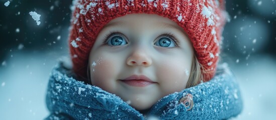 Joyful baby girl in a colorful winter outfit delightfully playing in the snow with a bright red hat and sparkling blue eyes